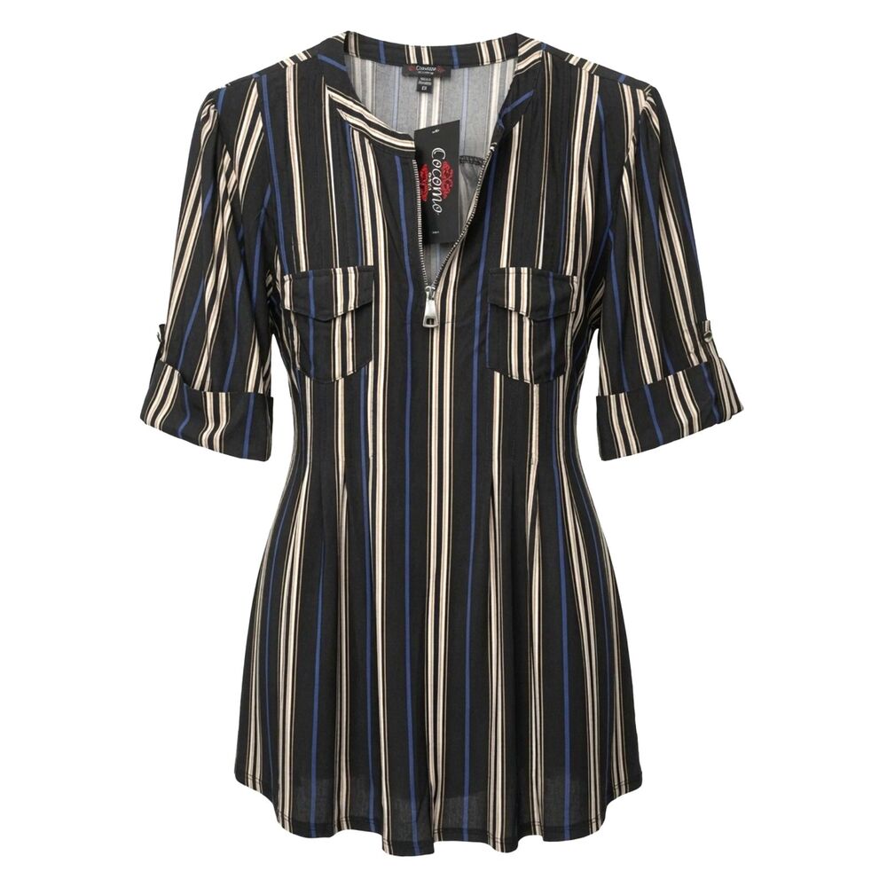 Cocomo Women's Plus Size 2X Black Multi Stripe Print Pintuck Short Sleeve Top